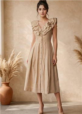 Beige Cotton Ruffle Detail Midi Dress