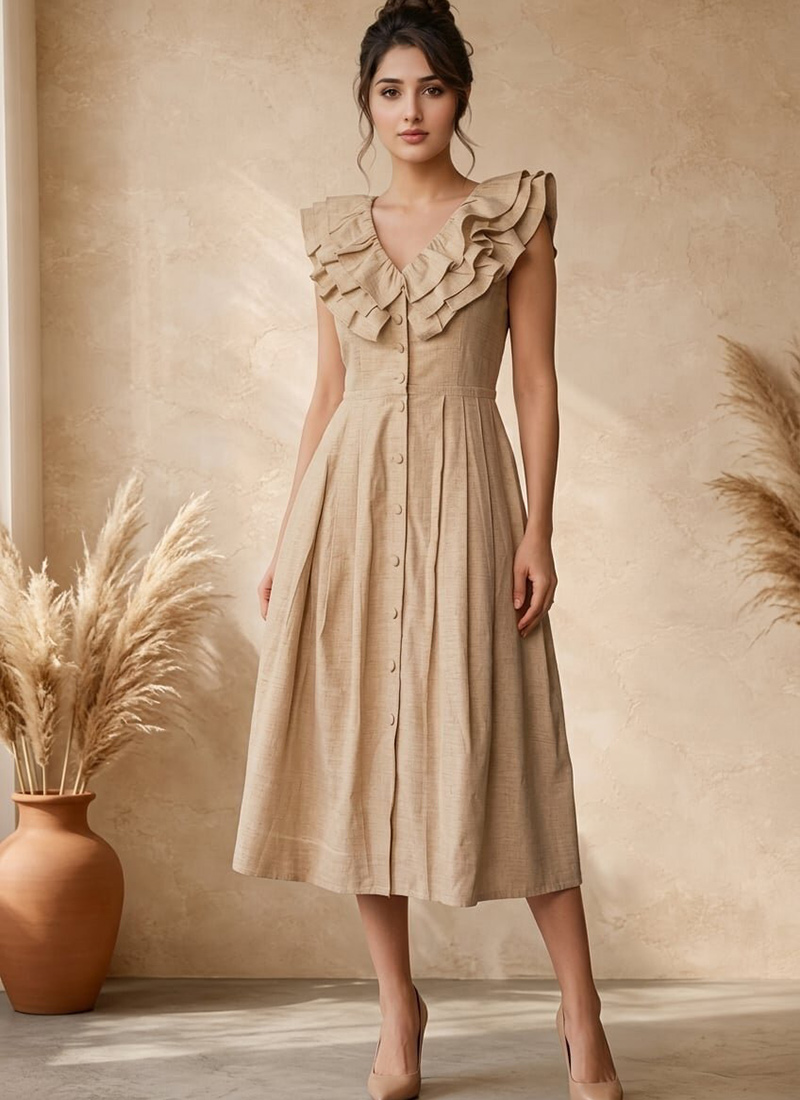 Beige Cotton Ruffle Detail Midi Dress After Six Wear