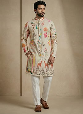 Beige Cotton Schiffli Work And Digital Print Kurta Pyjama For Men