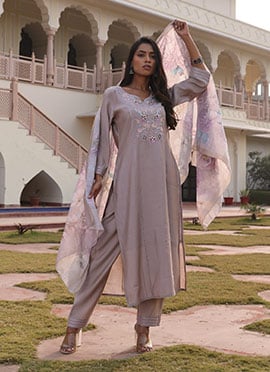 Beige Cotton Silk Hand Work Sequins Straight Pant Suit With Jacquard Digital Print Dupatta