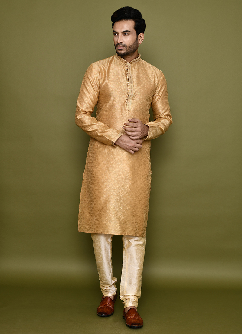 Beige Cotton Silk Jacquard Kurta Pyjama Festive Wear