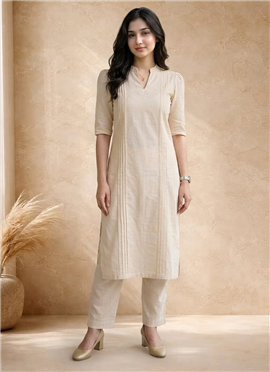 Beige Cotton Straight Kurta Pant Set with Pintuck