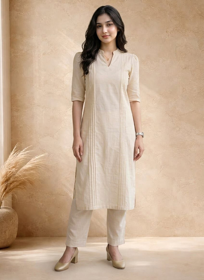 Beige Cotton Straight Kurta Pant Set with Pintuck  After Six Wear