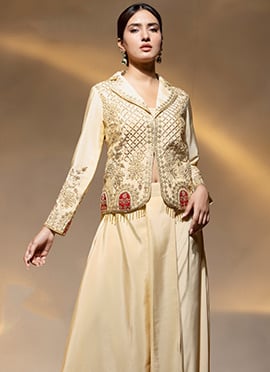 Beige Crepe Beads And Dabka Work Indowestern Skirt Set