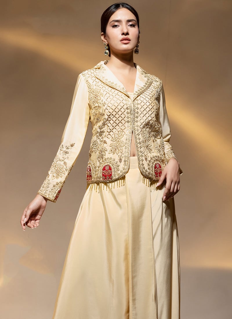 Beige Crepe Beads And Dabka Work Indowestern Skirt Set Wedding Wear