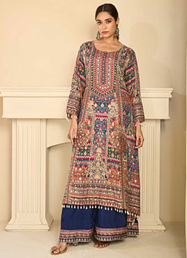 Beige Crepe Silk Aari Gota Printed Beads Palazzo Suit