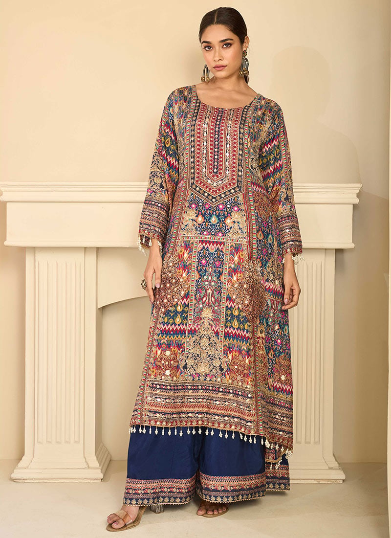 Beige Crepe Silk Aari Gota Printed Beads Palazzo Suit Festive Wear