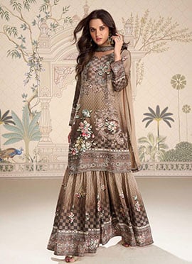 Beige Crepe Silk Digital Print Stone And Mirror Work Sharara Suit