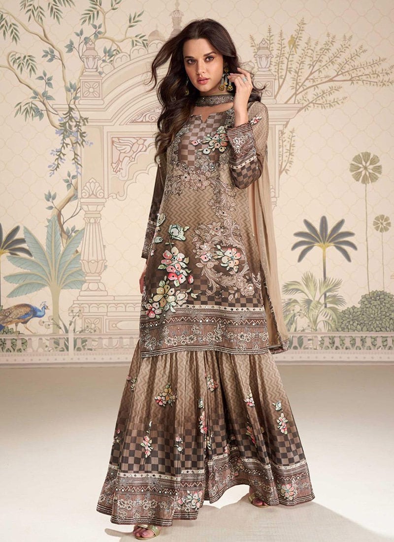 Beige Crepe Silk Digital Print Stone And Mirror Work Sharara Suit  Festive Wear