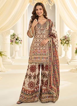 Beige Crepe Silk Embroidered Sequins Gota Beads Aari Printed Palazzo Suit