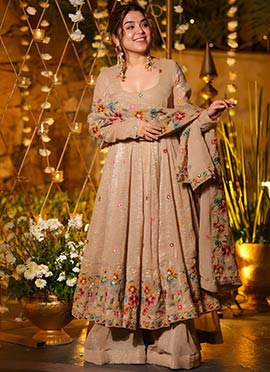 Beige Crunchy Silk Floral Embroidered Anarkali Sharara Suit