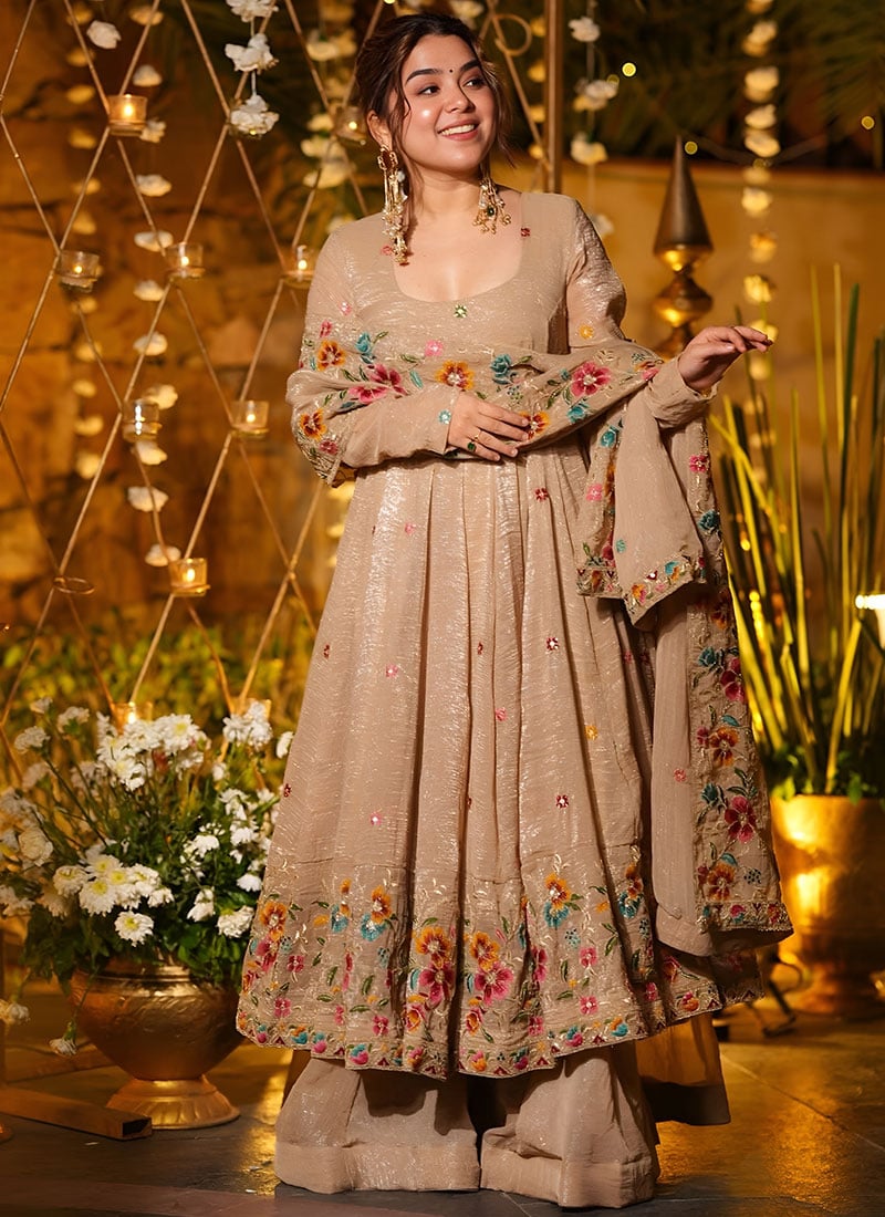 Beige Crunchy Silk Floral Embroidered Anarkali Sharara Suit After Six Wear