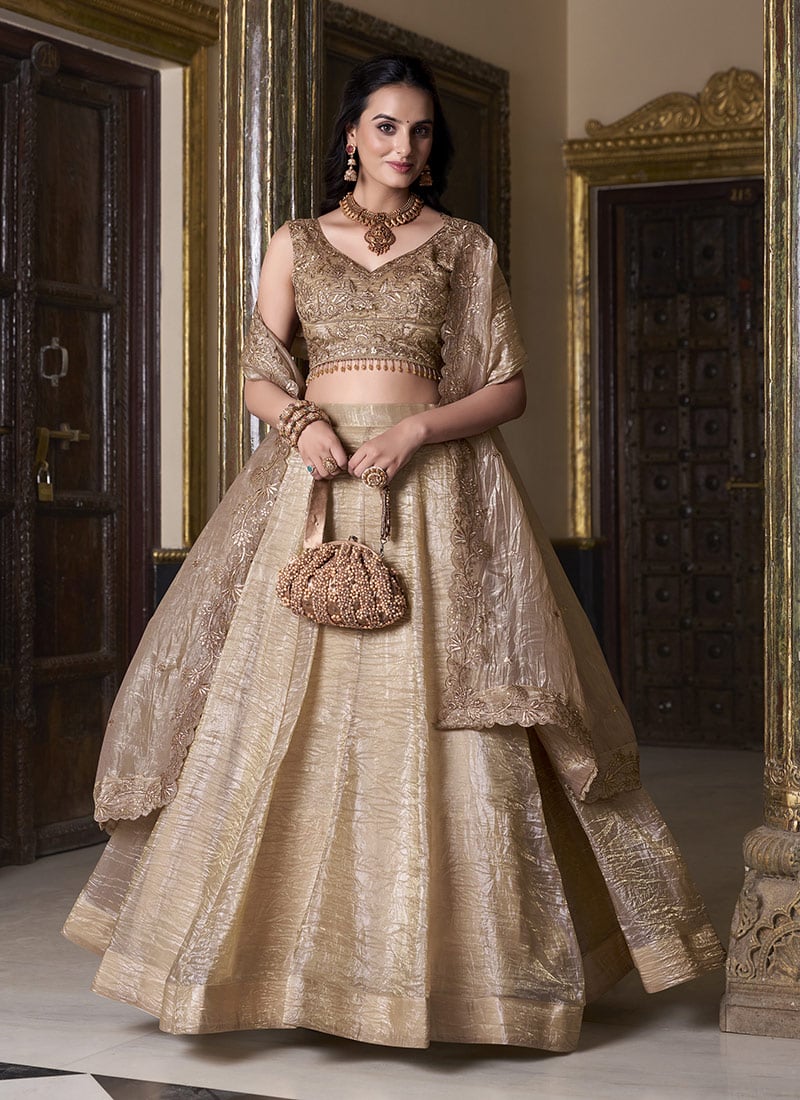 Beige Crush Silk Zari Sequins Embroidered Umbrella Lehenga