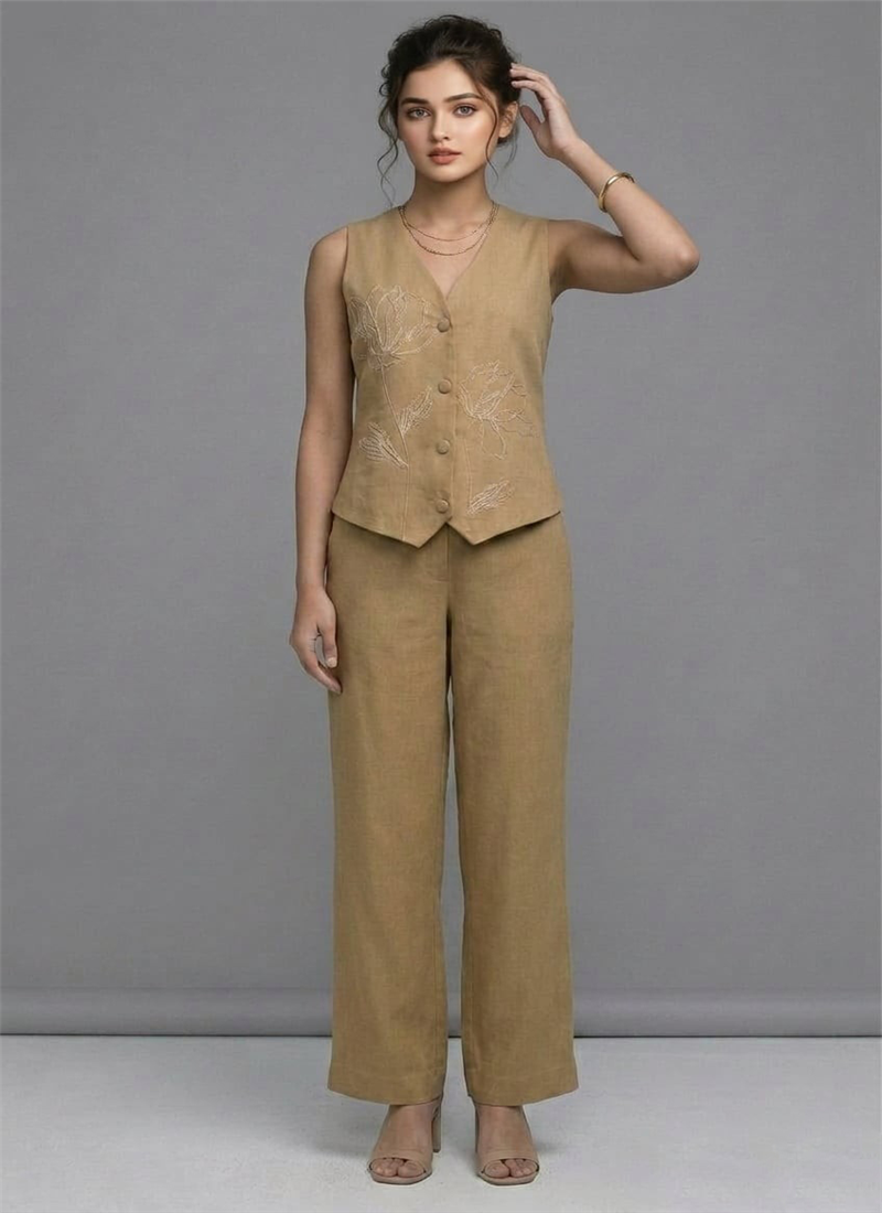 Beige Desert Bloom Cotton Co ord Ensemble After Six Wear