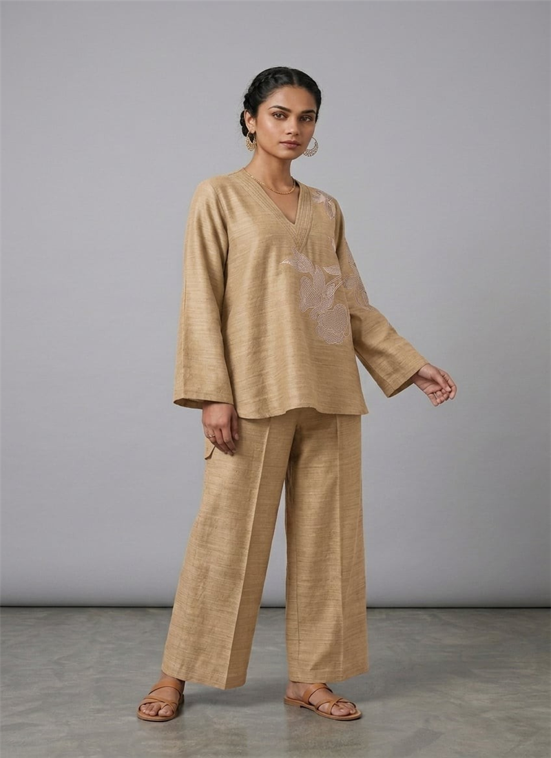 Beige Desert Petal Linen Cotton Co Ord Set After Six Wear