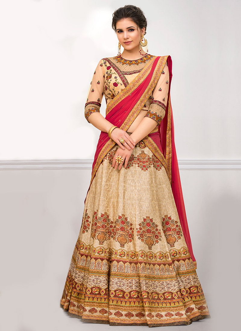 Buy Beige Digital Printed Umbrella Lehenga, Benarasi , Digital Print