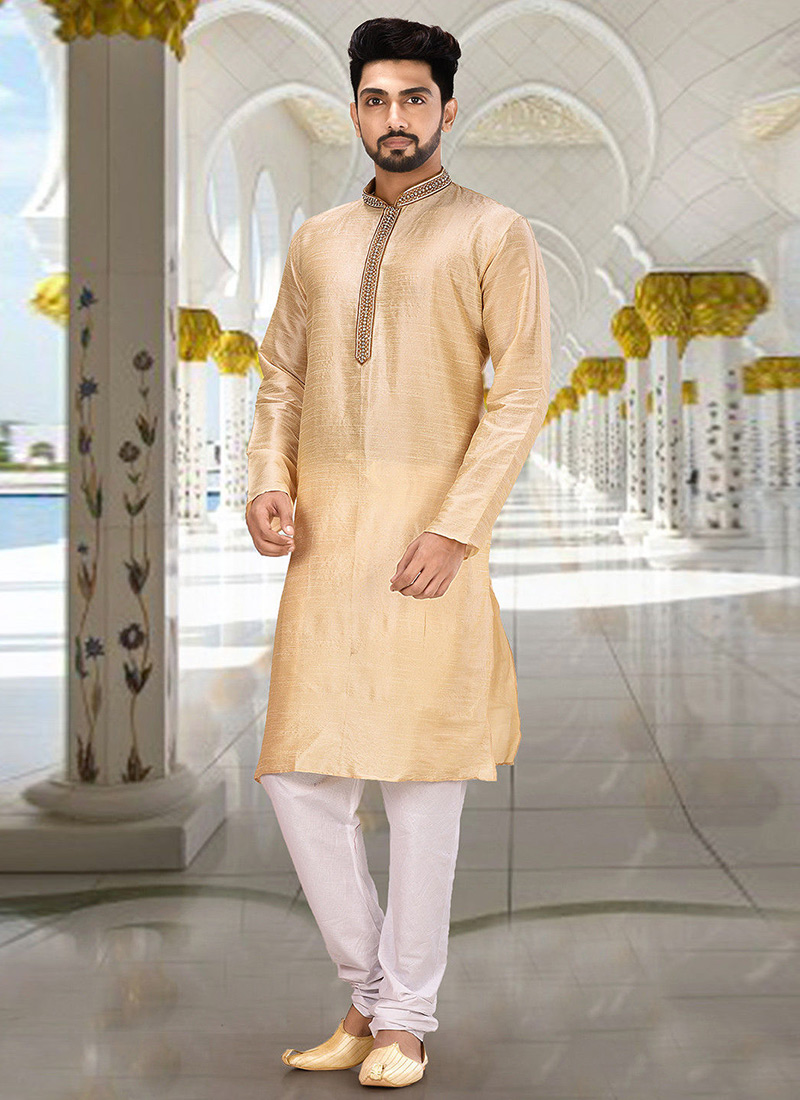 Beige Dupion Art Silk Embroidered Kurta Pyjama Party Wear