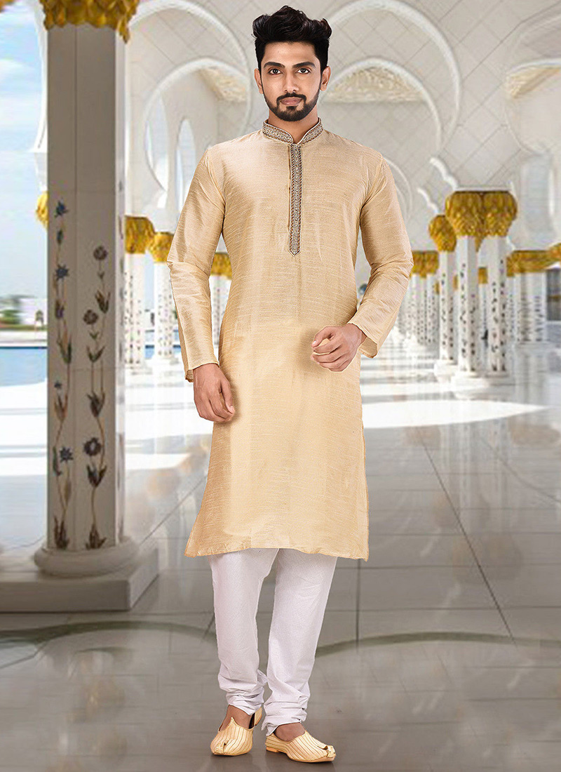 Beige Dupion Art Silk Embroidered Kurta Pyjama Party Wear