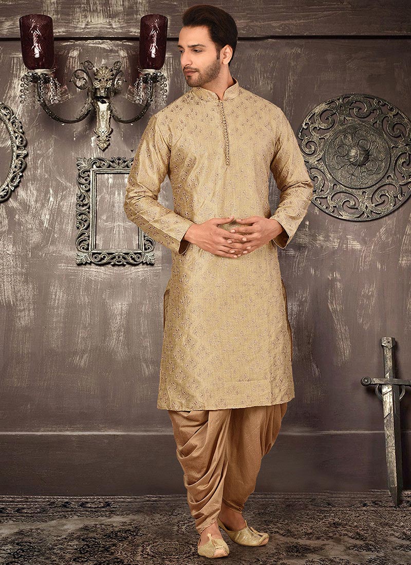 Beige Dupion Art Silk Machine Embroidered Kurta Pyjama Party Wear
