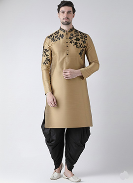 Beige Dupion Silk Embroidered Kurta Pyjama For Men