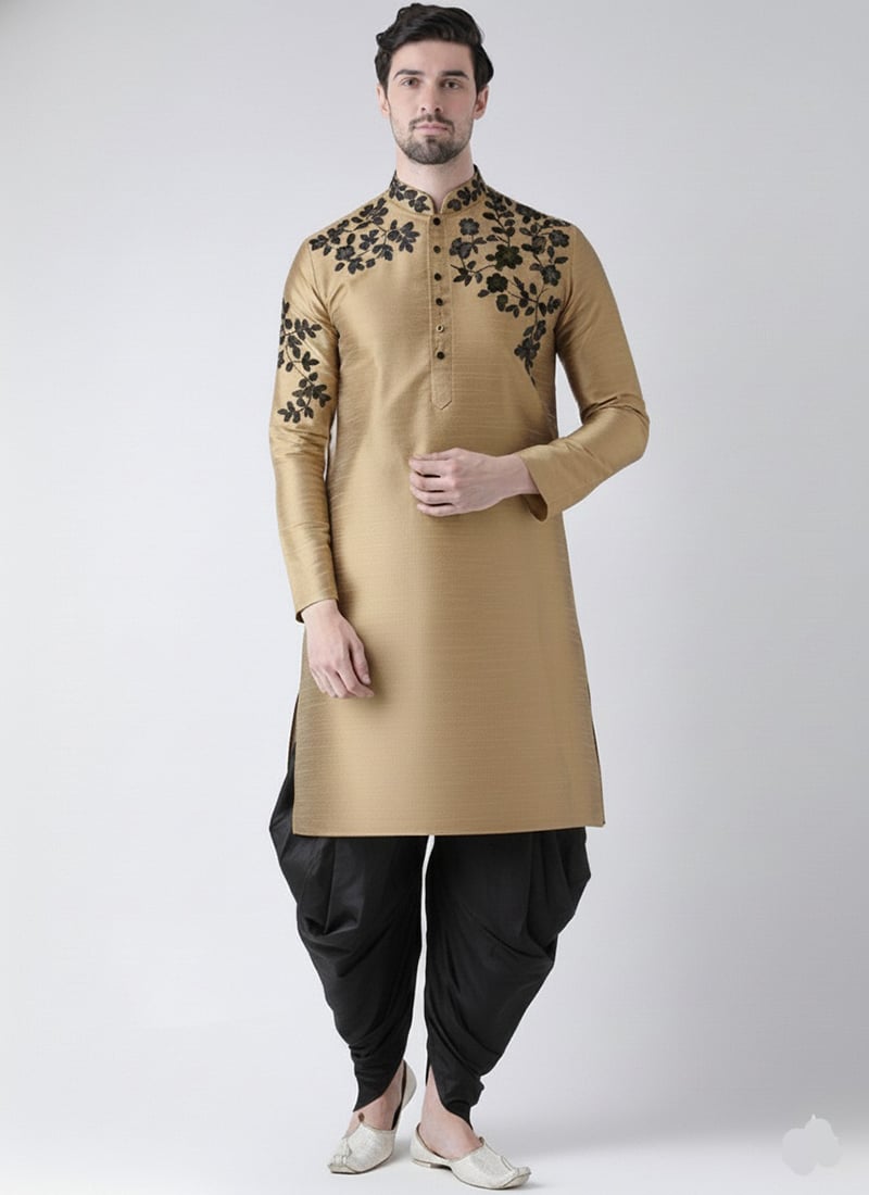 Beige Dupion Silk Embroidered Kurta Pyjama For Men Festive Wear