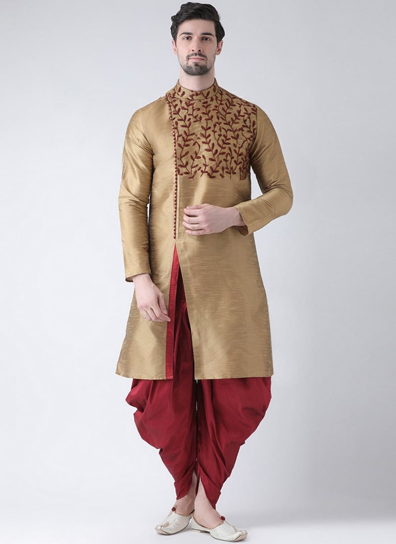 Beige Dupion Silk Embroidered Kurta Pyjama Festive Wear