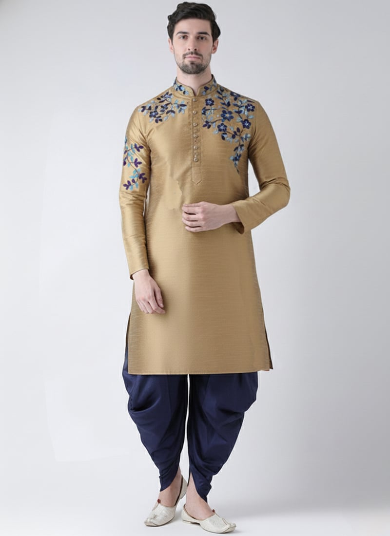 Beige Dupion Silk Embroidered Stylish Kurta Pyjama Festive Wear