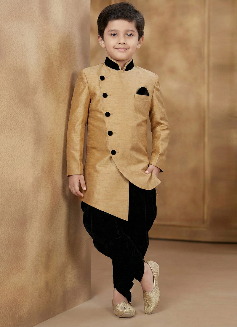 Beige Dupion Silk Kids Boys Indowestern Sherwani Festive Wear