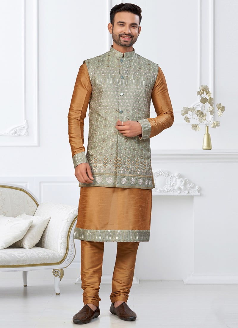 Beige Dupion Silk Thread Embroidered Sequins And Zari Bandi Set Festive Wear