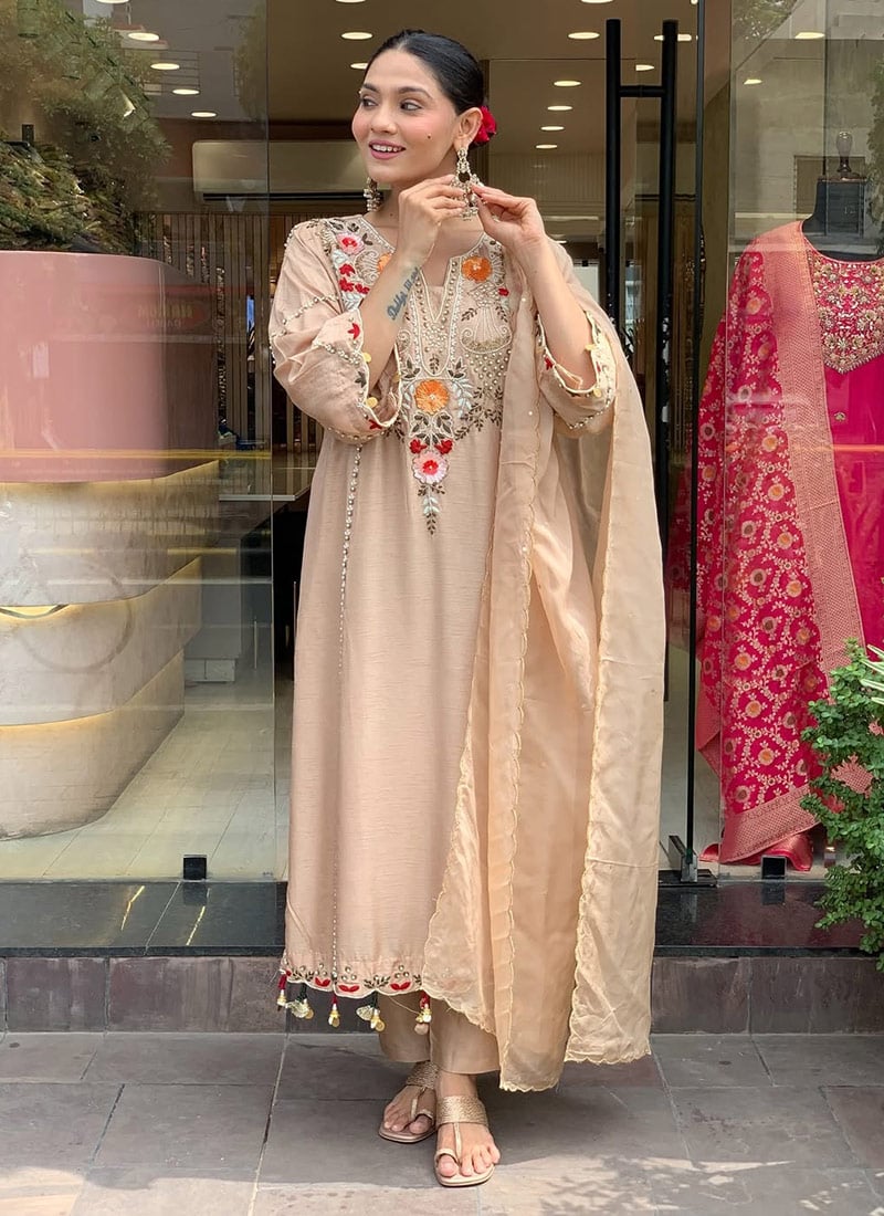 Beige Embroidered Chanderi Straight Pant Suit Festive Wear