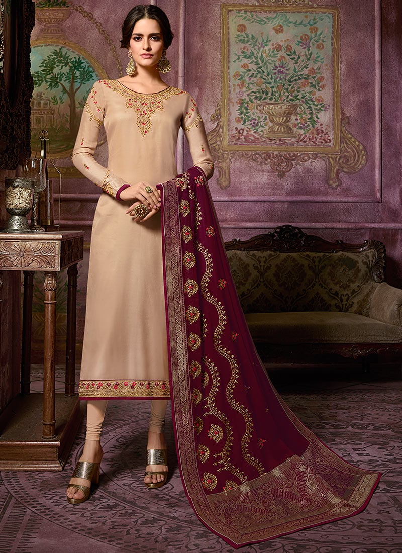Beige Embroidered Churidar suit