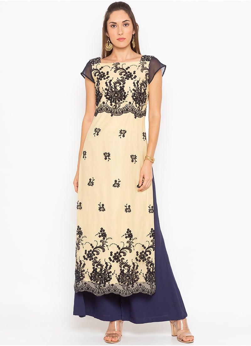 Beige Embroidered Kurti Party Wear