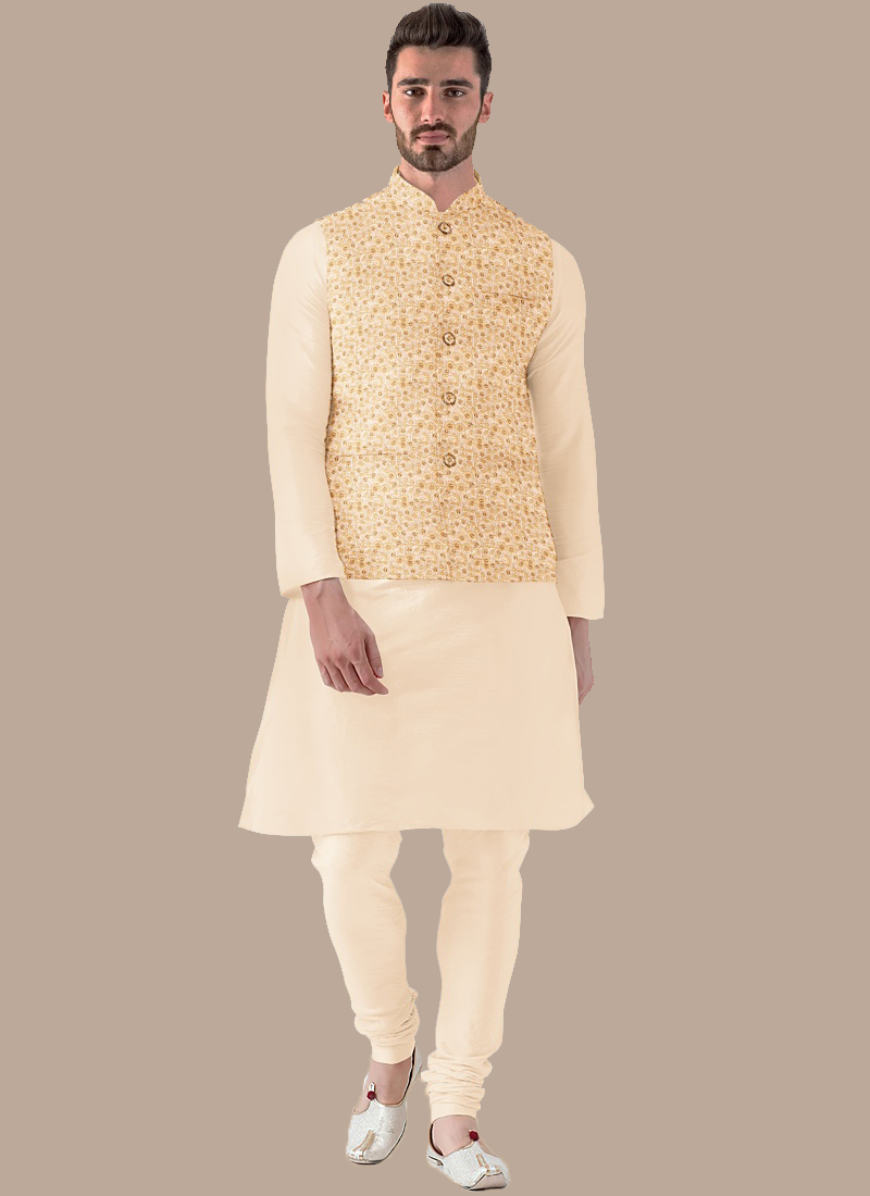 Beige Embroidered N Cream Bandi Set