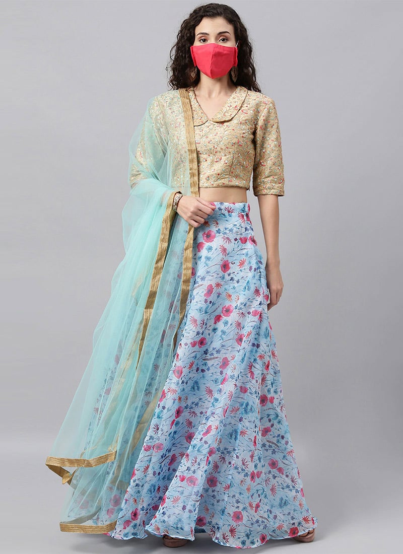 Beige Embroidered N Sky Blue Organza Lehenga