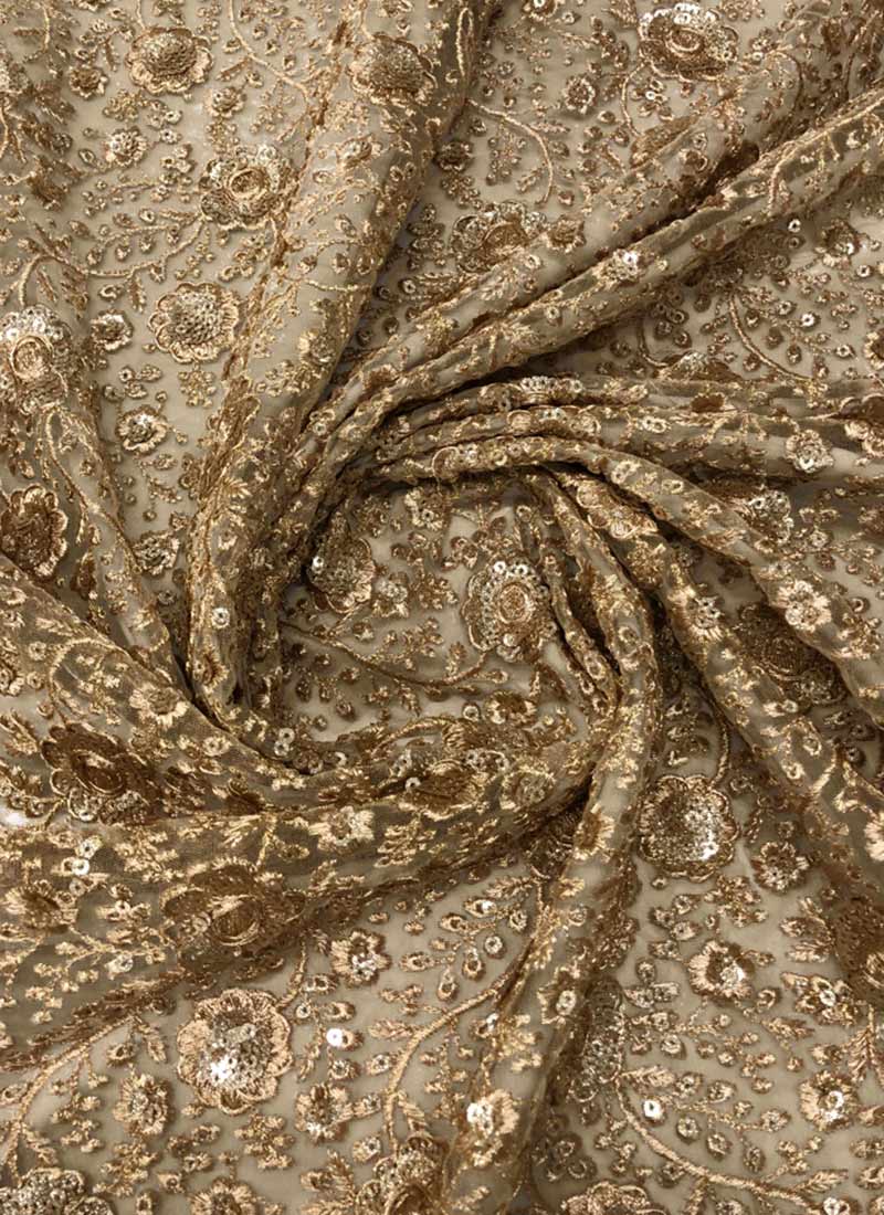 Beige Embroidered Net Fabric