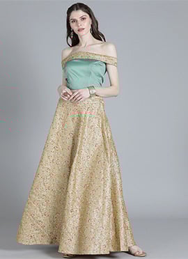 Beige Embroidered Off-Shoulder Crop Top N Skirt