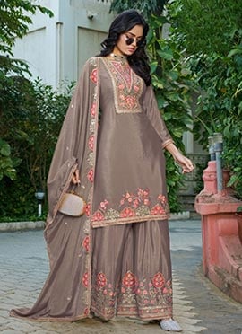 Beige Embroidered Sequins Silk Palazzo Suit