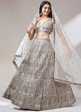 Beige Embroidery Sequins Net Umbrella Lehenga 