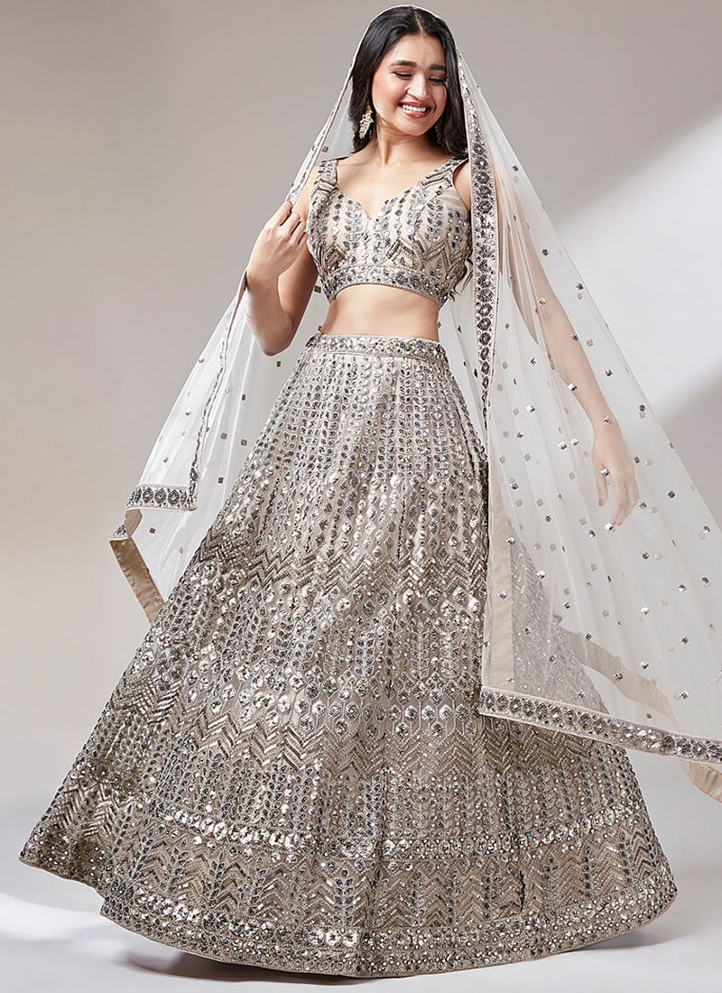Beige Embroidery Sequins Net Umbrella Lehenga Party Wear