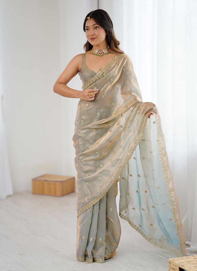 Beige Fandy Satin Embroidered Sequins Two Tone Saree After Six Wear