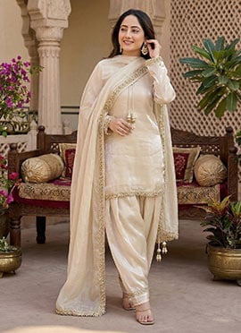 Beige Fandy Satin Mirror And Moti Embellished Salwar Suit