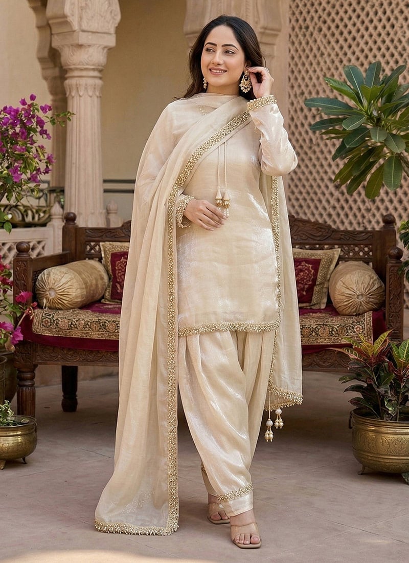 Beige Fandy Satin Mirror And Moti Embellished Salwar Suit After Six Wear