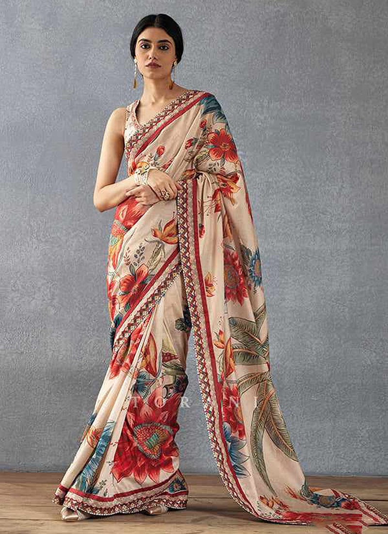 Beige Faux Georgette Digital Print Saree