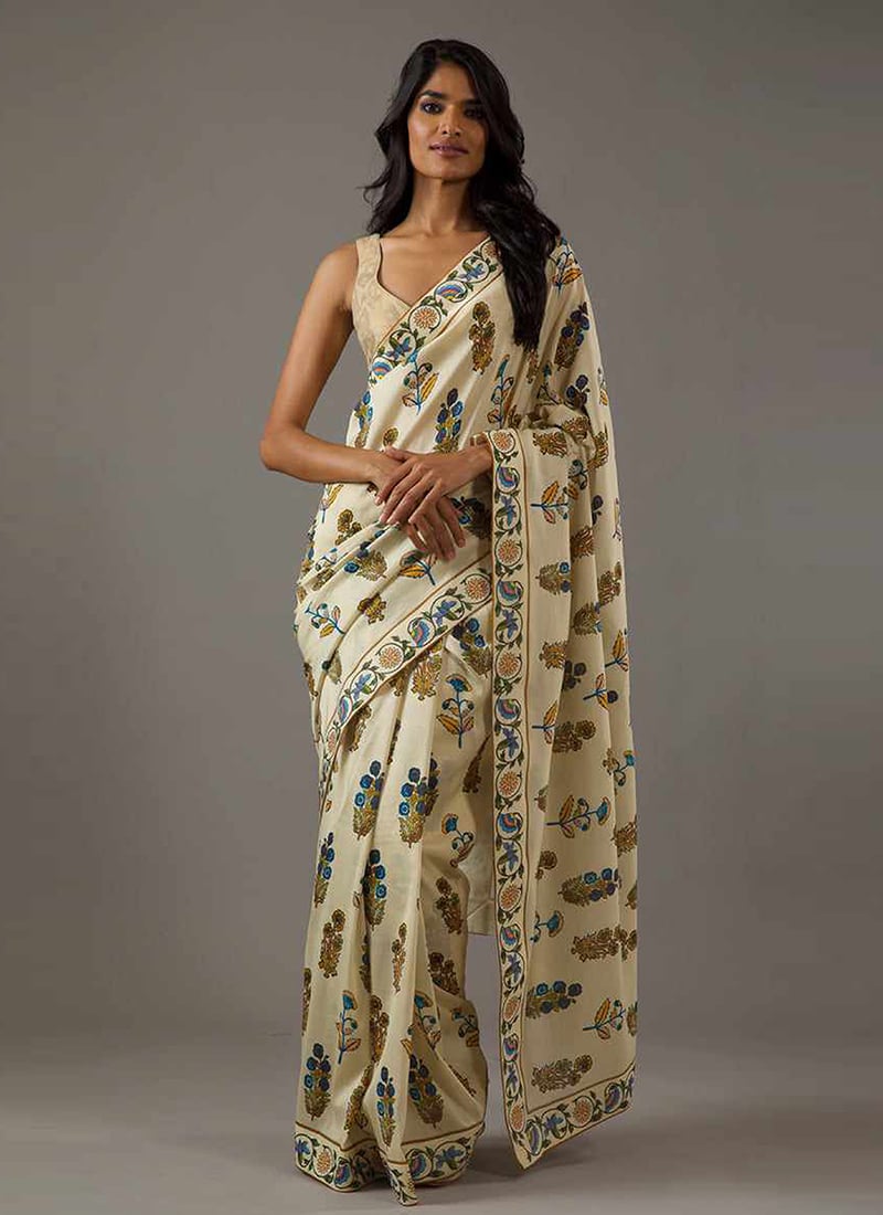 Beige Faux Georgette Digital Print Saree