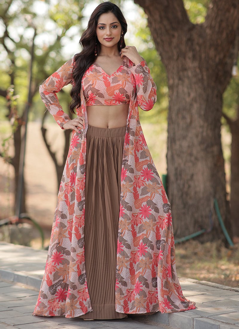 Beige Faux Georgette Digital Print Stylish Indowestern Set After Six Wear