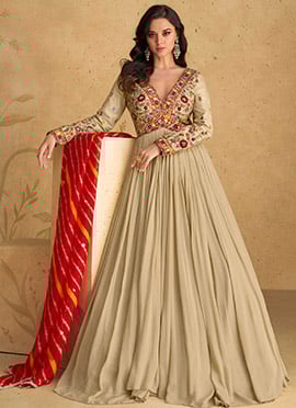 Beige Faux Georgette Embroidered Beads Work Beautiful Anarkali Suit