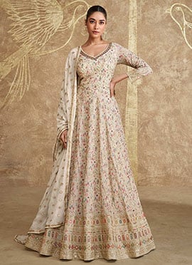 Beige Faux Georgette Embroidered Sequins A Line Anarkali Suit For Celebrations