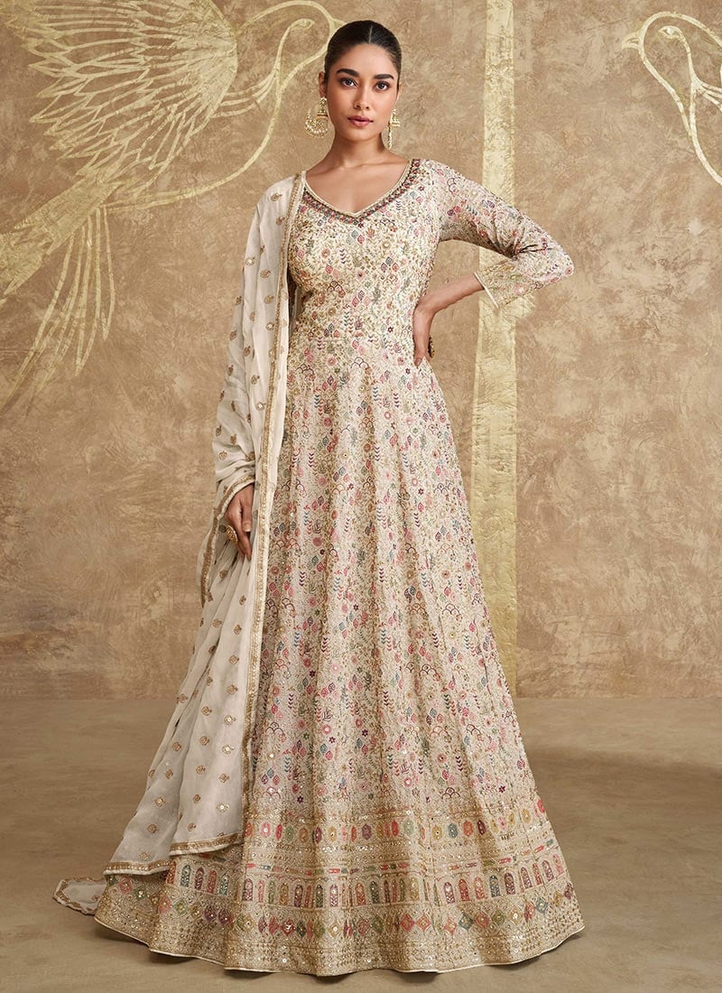 Beige Faux Georgette Embroidered Sequins A Line Anarkali Suit For Celebrations Wedding Wear