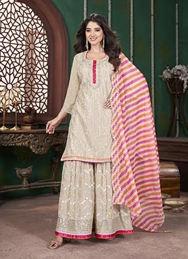 Beige Faux Georgette Embroidered Sequins Sharara Suit