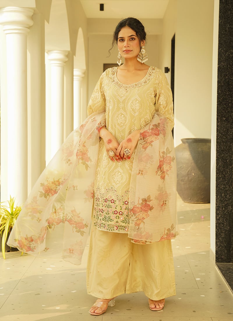 Beige Faux Georgette Embroidered Sequins Stone And Moti Work Palazzo Suit Festive Wear